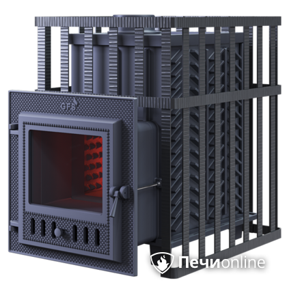 Дровяная банная печь Гефест ЗК в сетке-18 (М) чугунная дверца со стеклом, запатентованная каменка сетка в Тобольске
